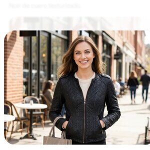 Blanc Noir black leather motorcycle jacket Distressed Worn Look Women Size SMALL